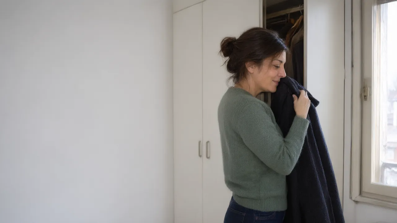 Una donna apre l'armadio e annusa il cappotto, senza odore di cantina
