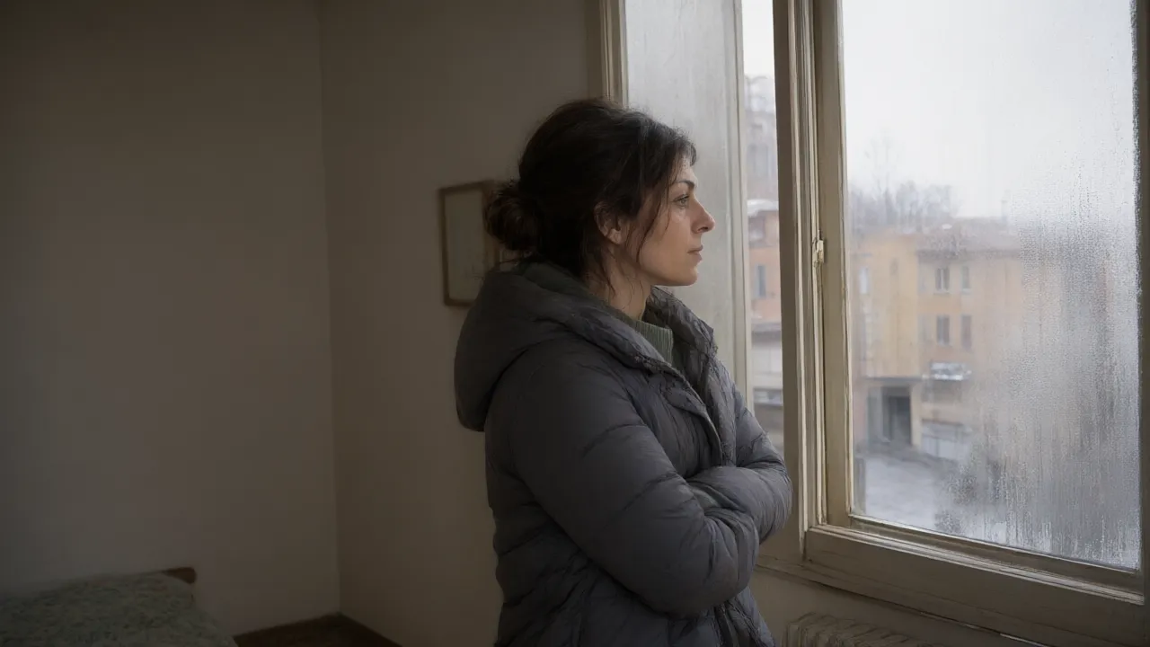 Una donna apre la finestra in inverno col piumino addosso