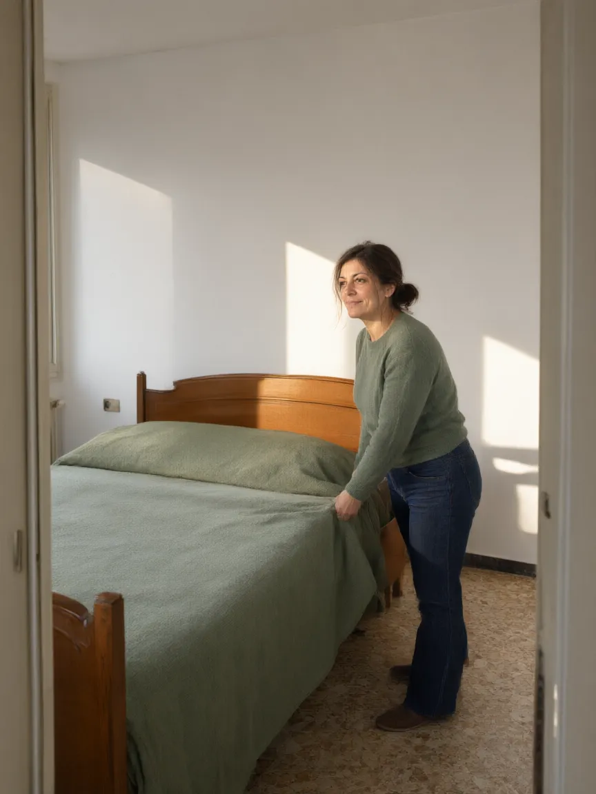 Il letto torna contro la parete bianca e pulita