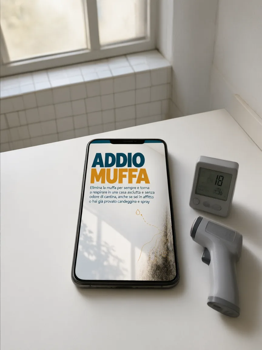 La guida Addio Muffa aperta sul telefono, accanto igrometro e termometro