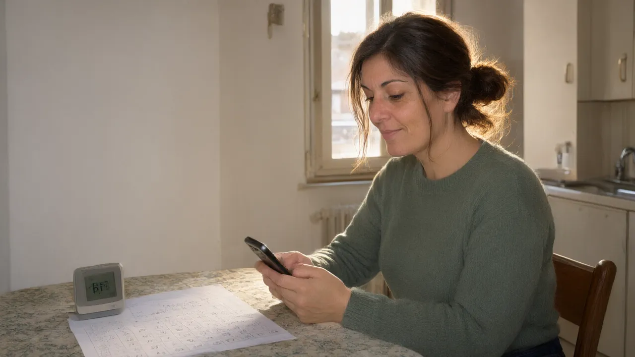 Una donna al tavolo della cucina scrive un messaggio con le misure accanto