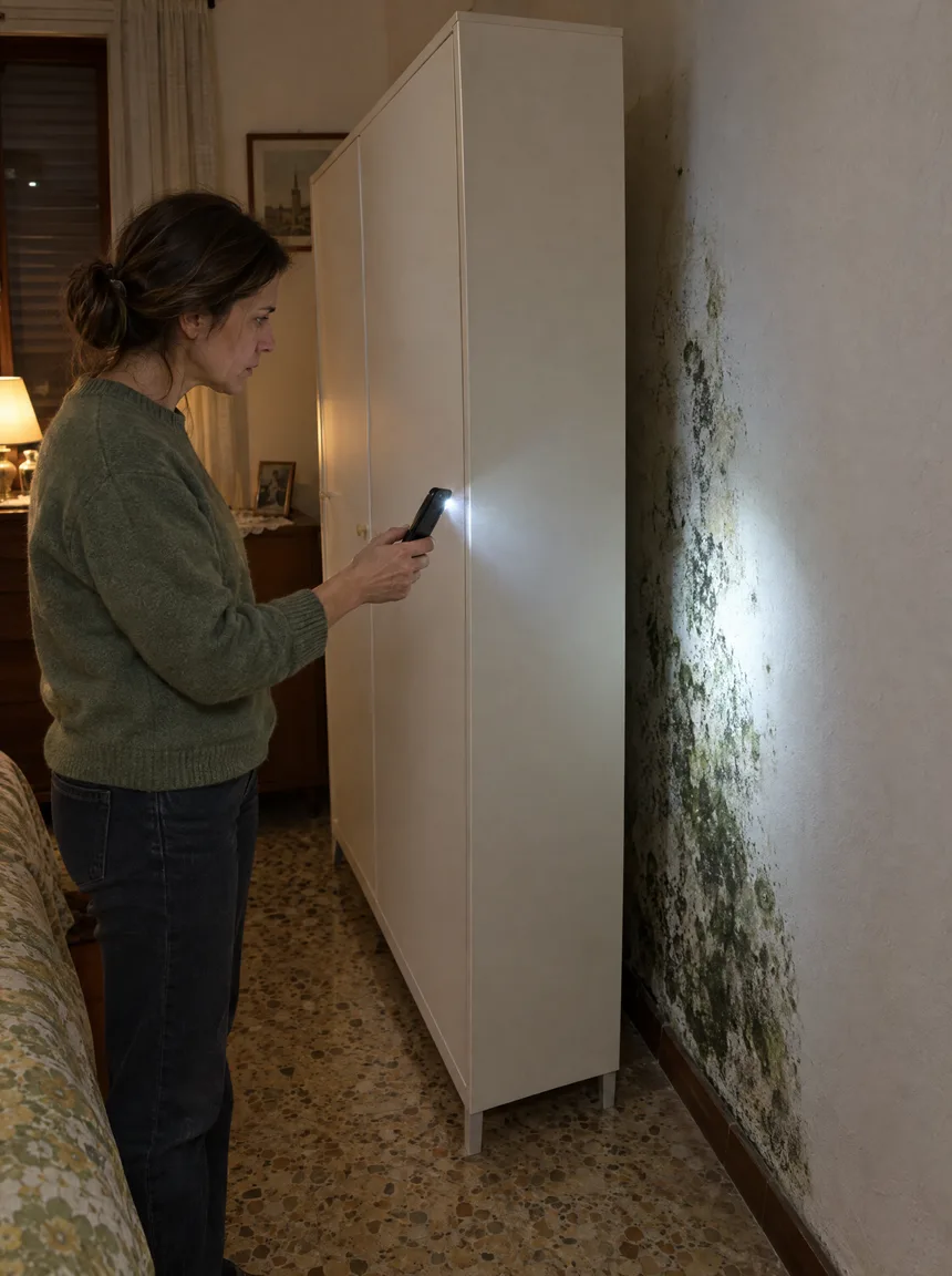 La torcia del telefono sulla muffa del muro, dietro l'armadio